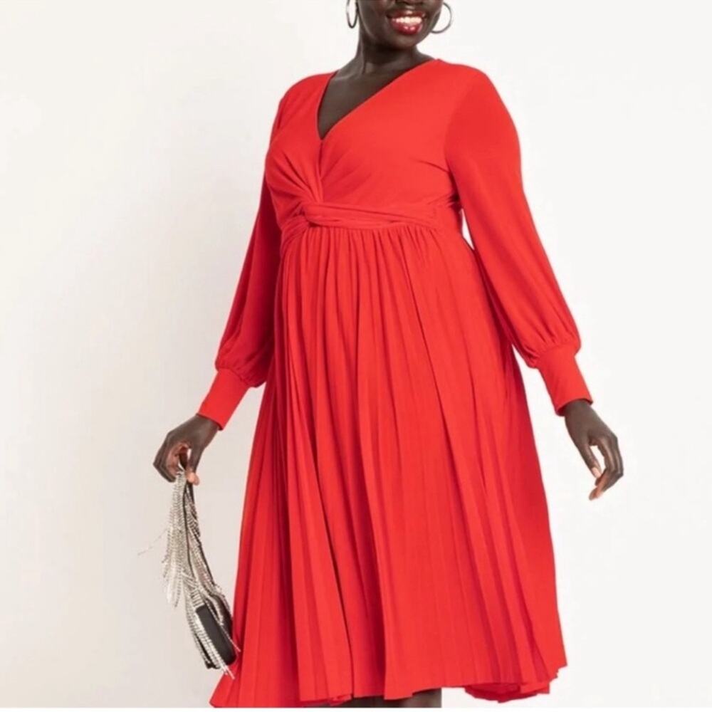 Eloquii Knot Front Pleated Skirt Midi Dress Longsleeve  - Red NWOT 20W